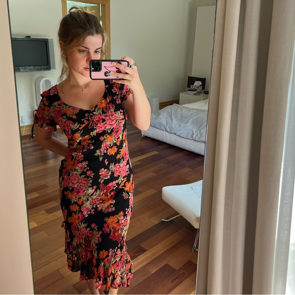 Vintage Red and Pink Asymmetrical Flutter Sleeve V-Neck Sundress